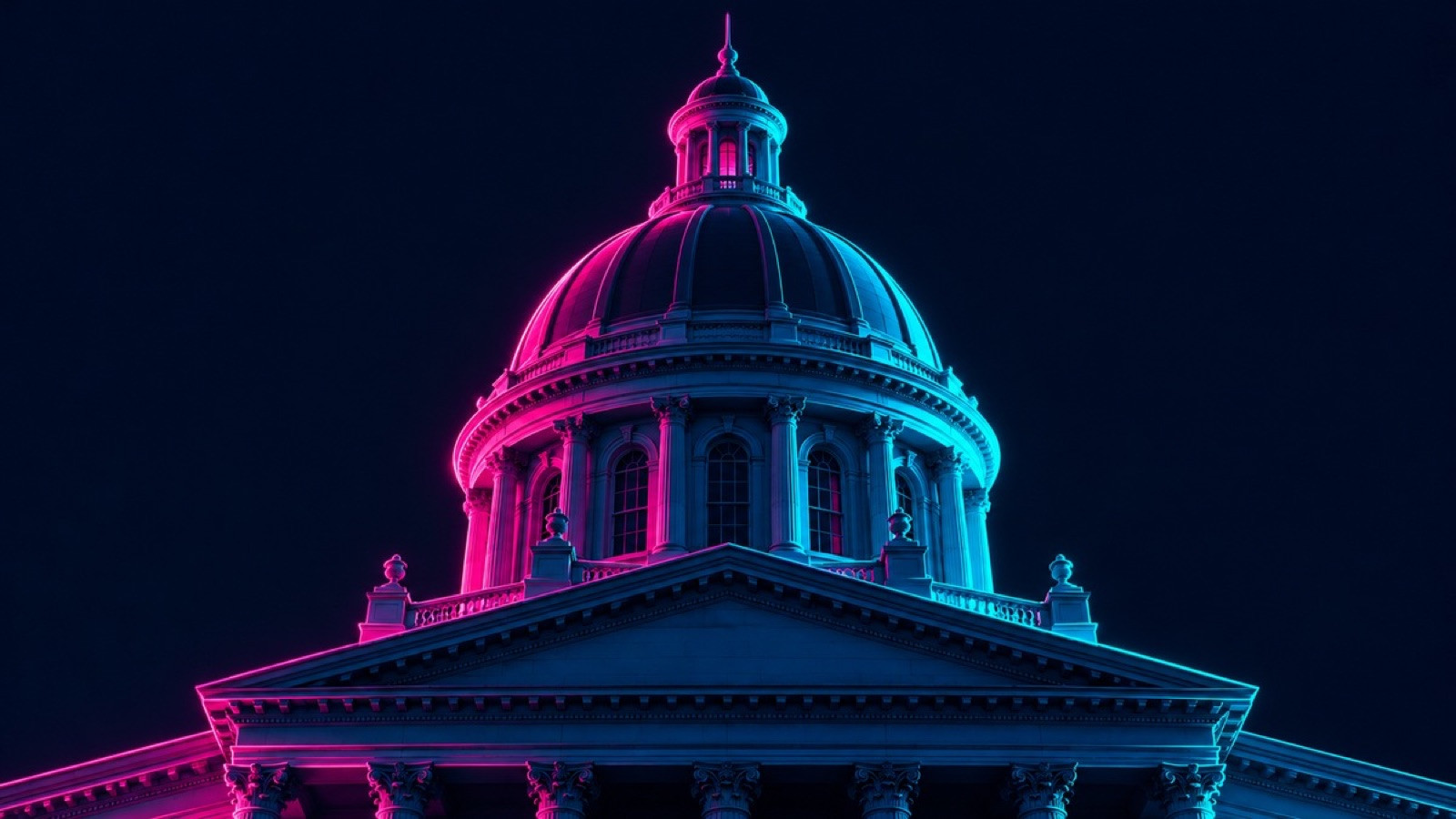 A state capitol dome silhouette glows against a dark navy sky.