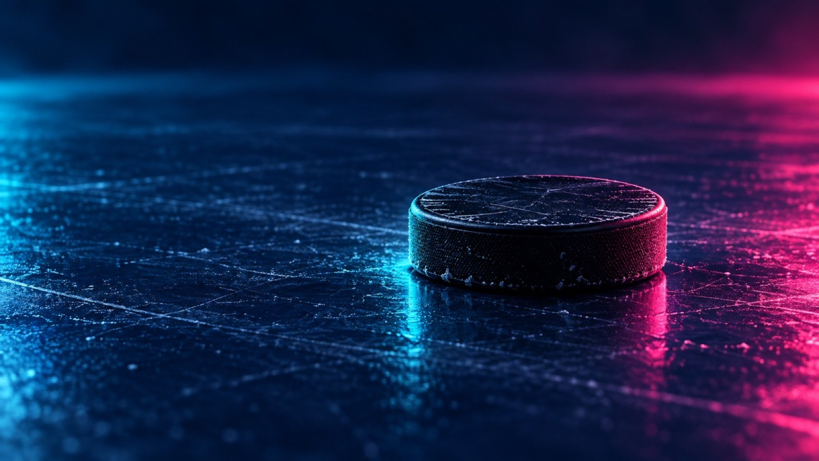 A black hockey puck rests alone on a dark ice surface.