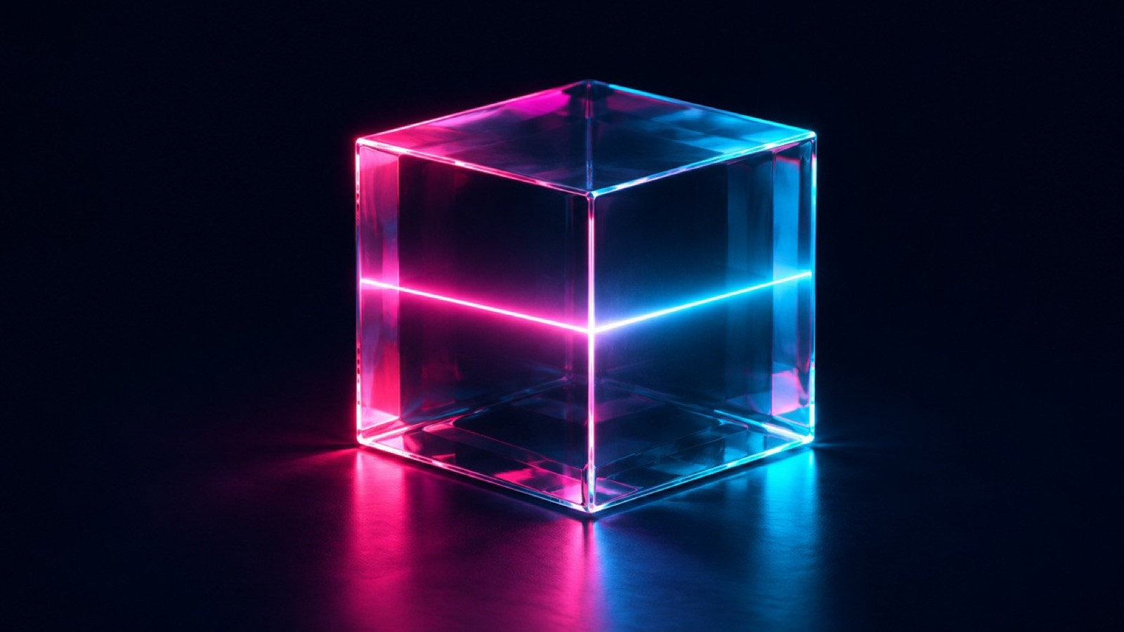 A translucent glass cube with one glowing line floats against navy.