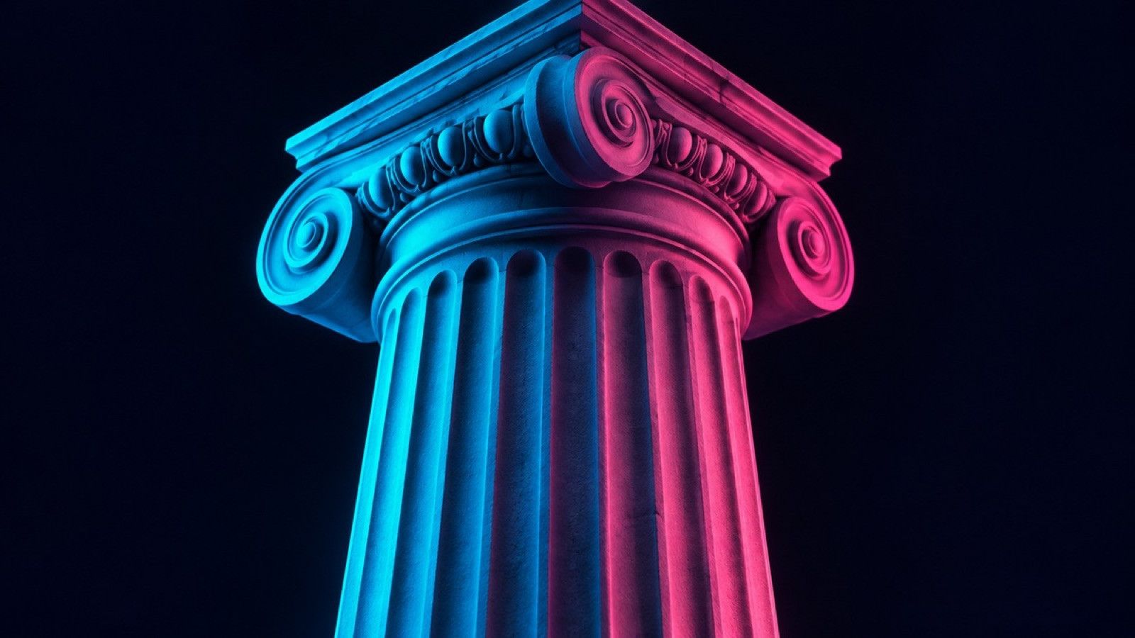A single courthouse column is softly lit in cyan and pink.