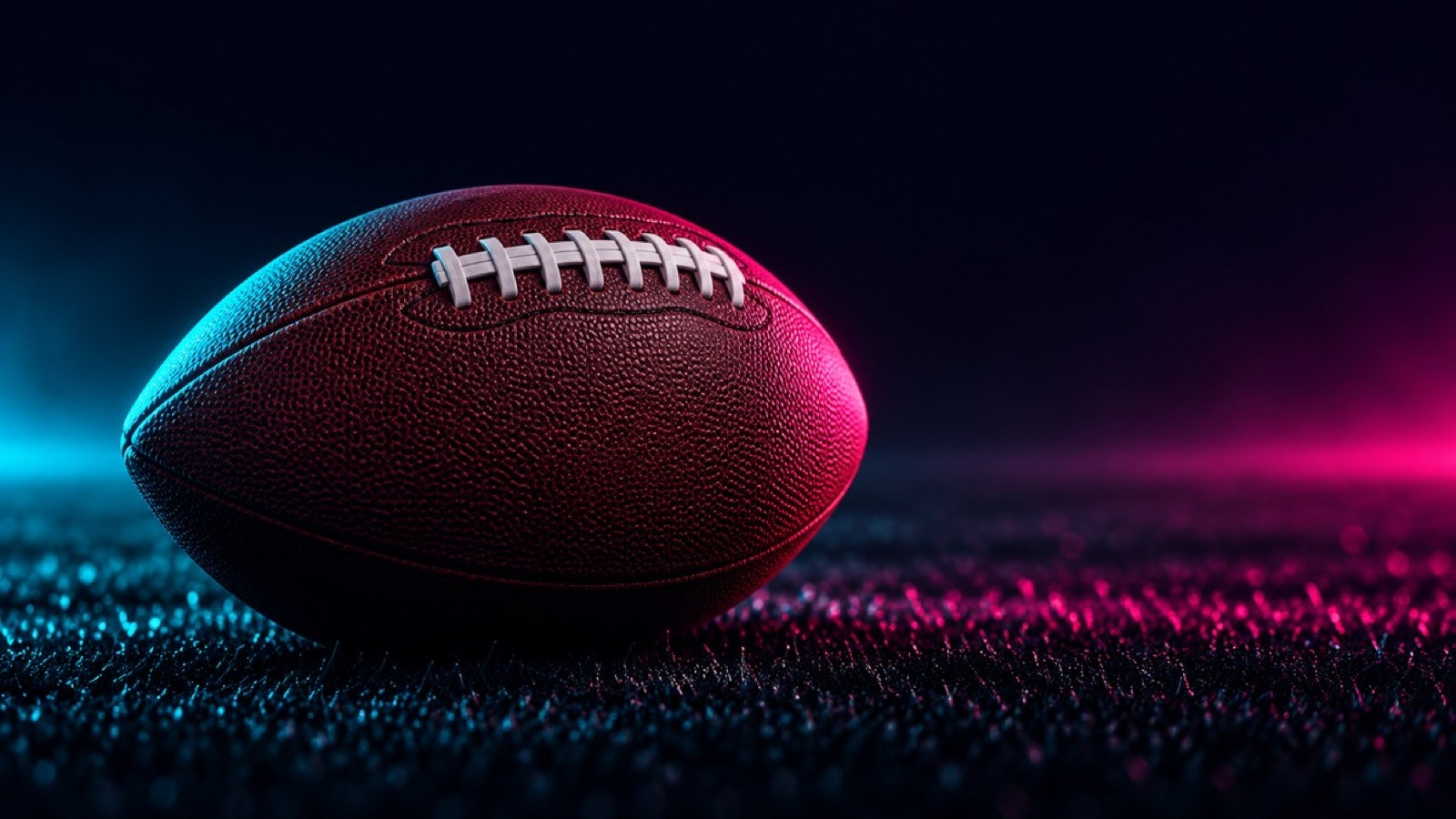 A brown American football with white laces rests on dark turf.
