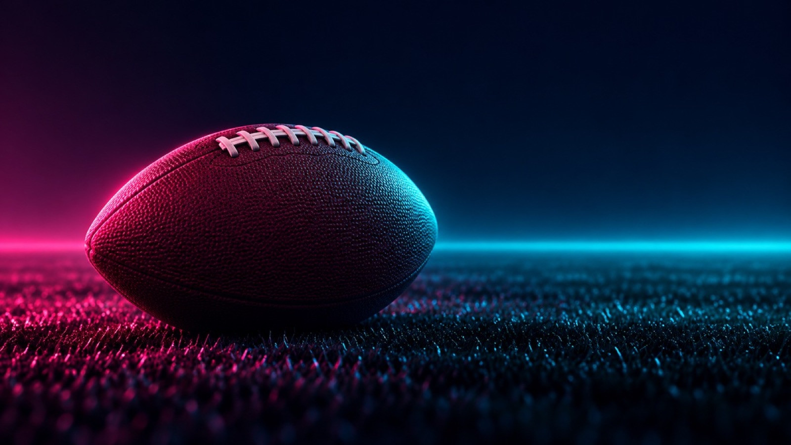 An unbranded football rests on dark turf with pink and cyan edge light.