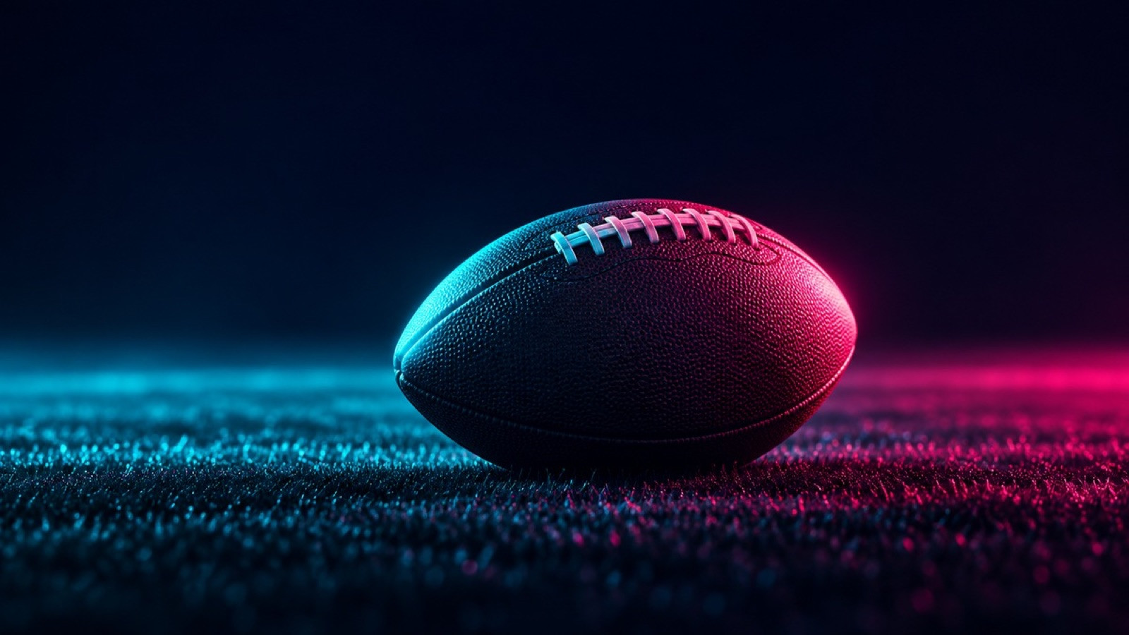 An unbranded American football rests alone on smooth dark turf.