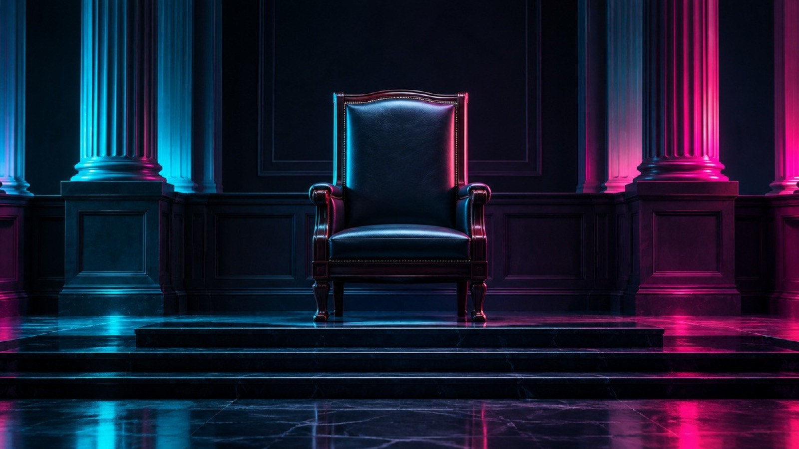 An empty legislative chair is lit in pink and cyan.