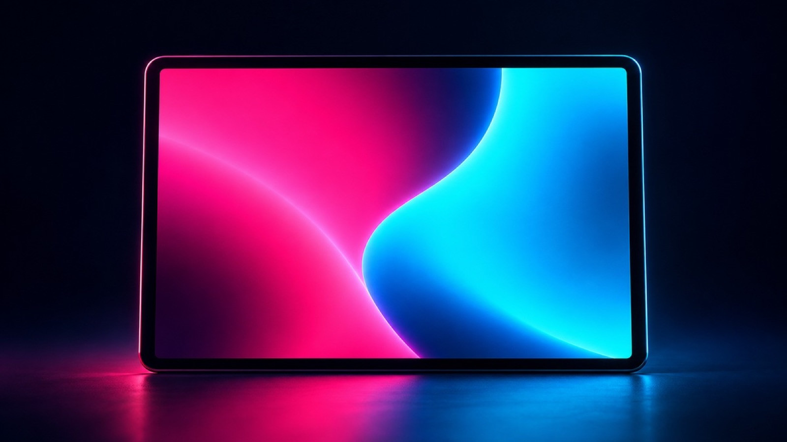 A black tablet displays two broad abstract color fields in pink and cyan.
