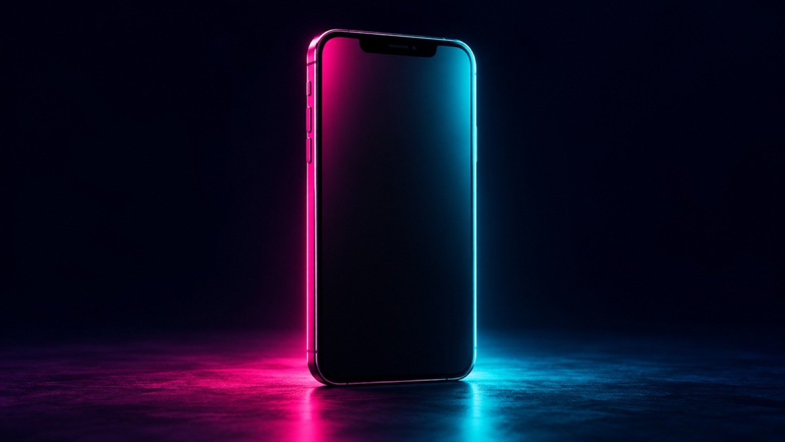 A blank smartphone glows pink and cyan against a dark background.