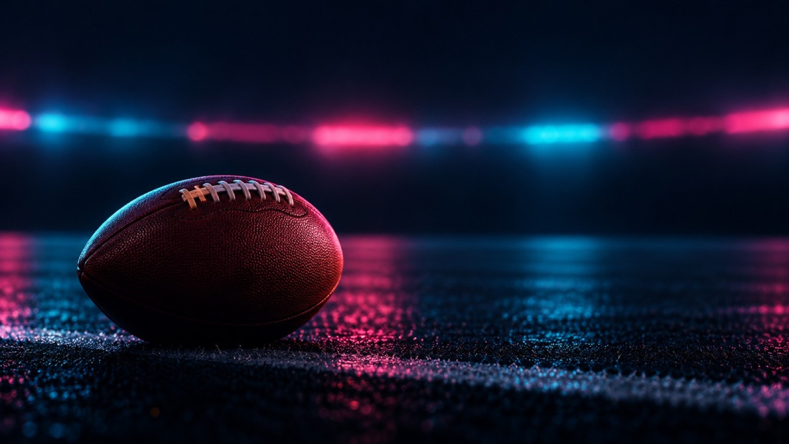 An unbranded football rests alone on a dark sideline under cyan and pink light.