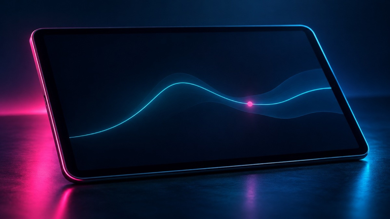 A tablet shows one cyan curve with a pink marker on a dark screen.