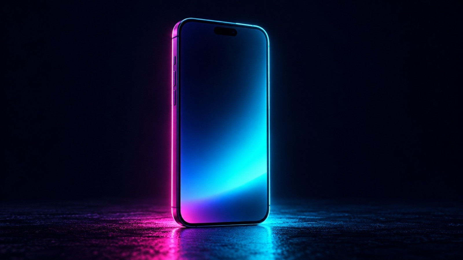 A blank smartphone stands upright with cyan and pink edge lighting.