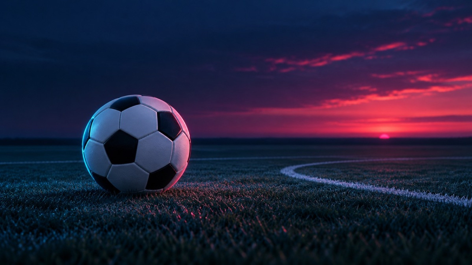 Soccer ball on a dark pitch under a magenta sunset sky