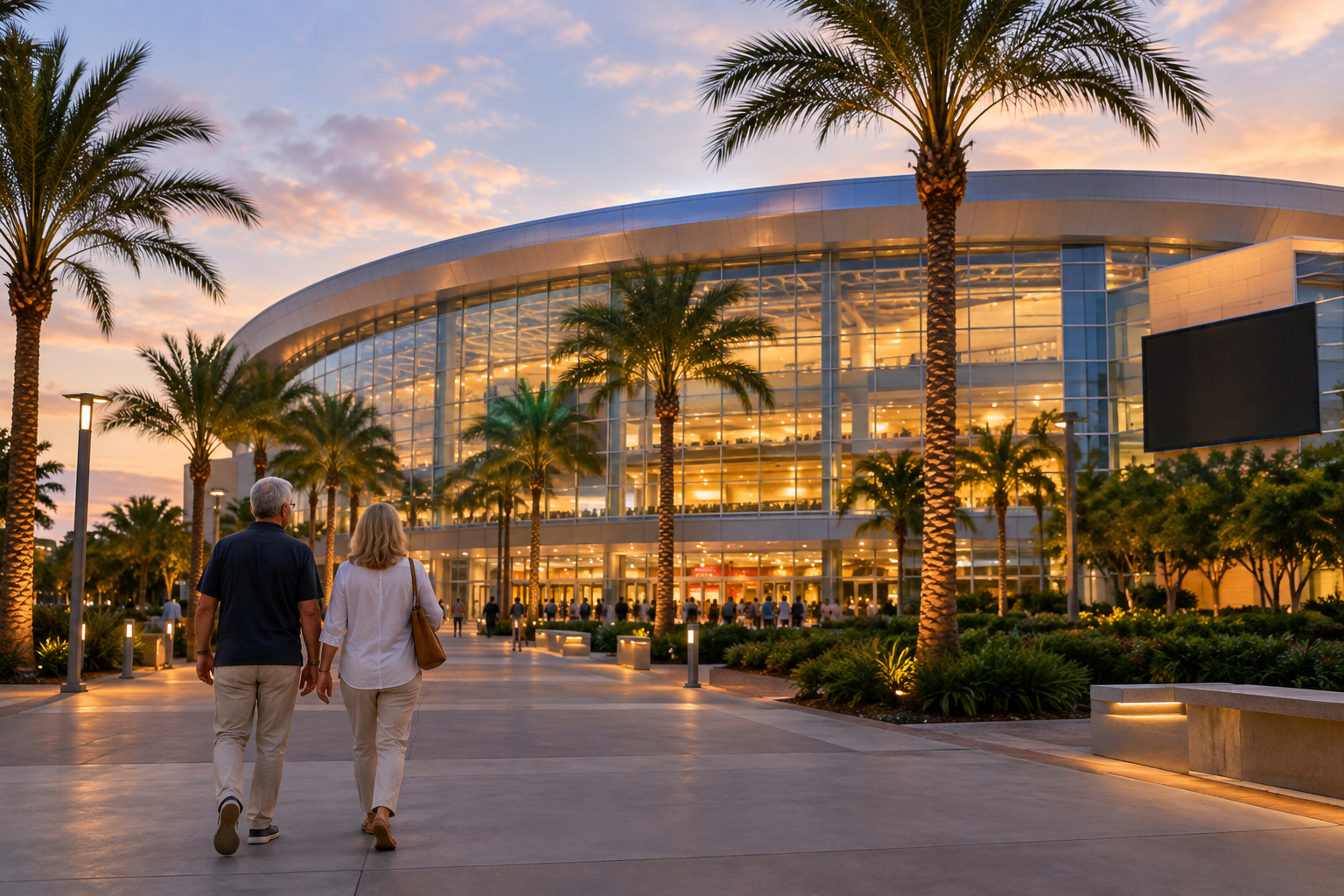Two older adults walk toward a modern glass arena lit warm at early evening, with palm trees along the plaza.