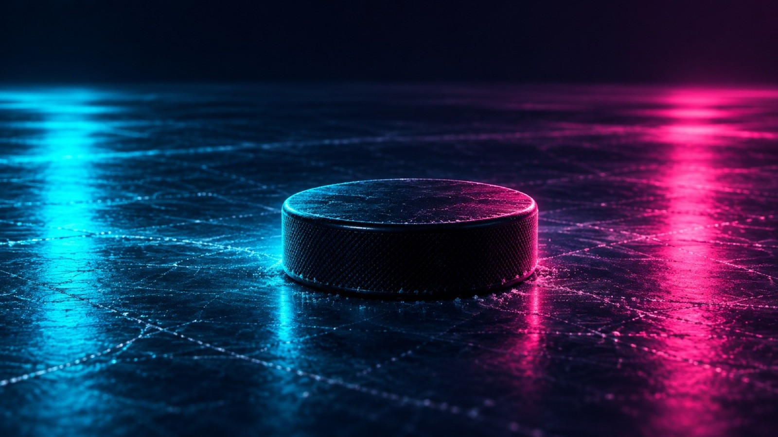 A black hockey puck rests alone on dark ice.