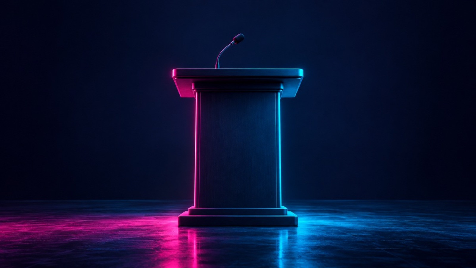 An empty lectern with one microphone stands in a dark civic hall.