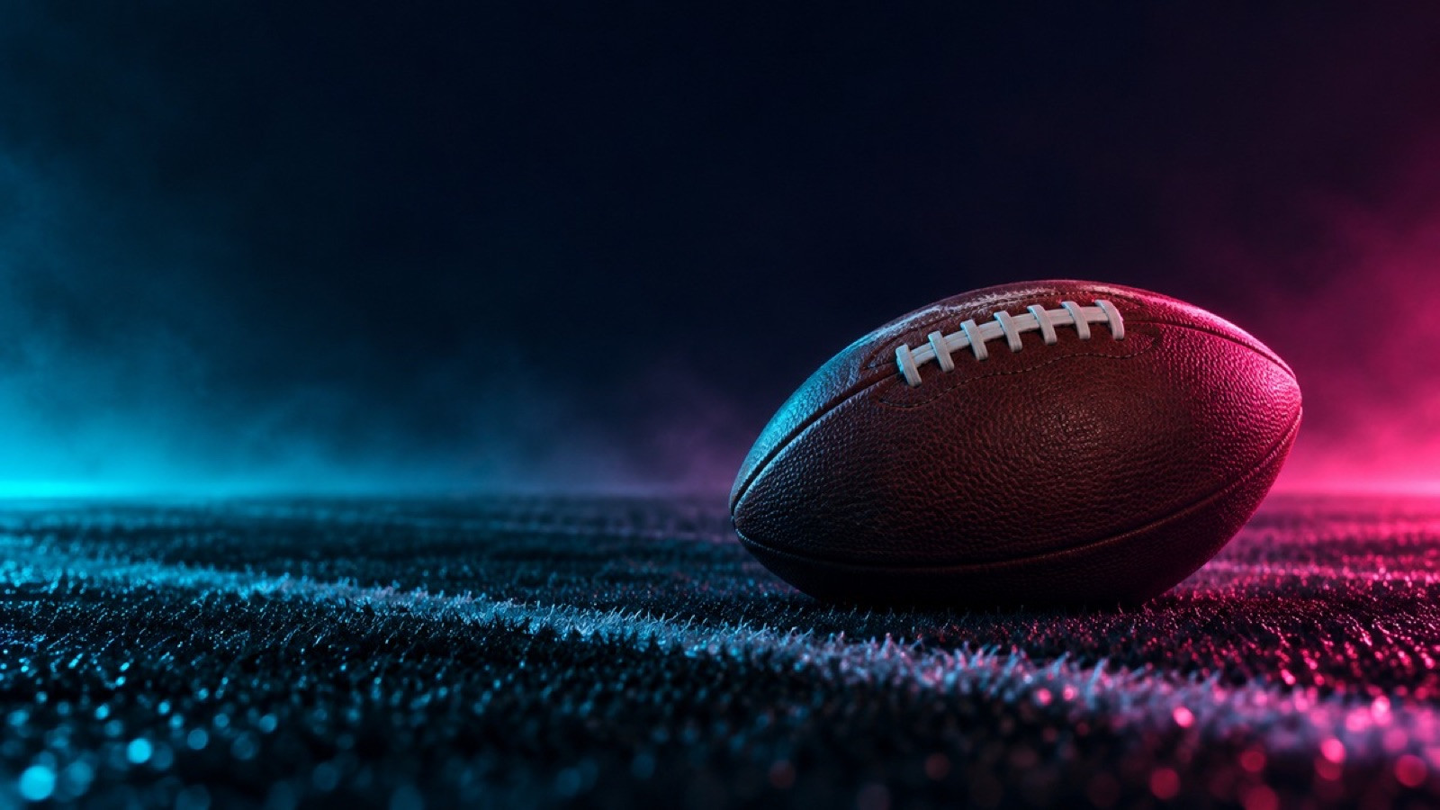 An unbranded American football rests on a dark sideline.
