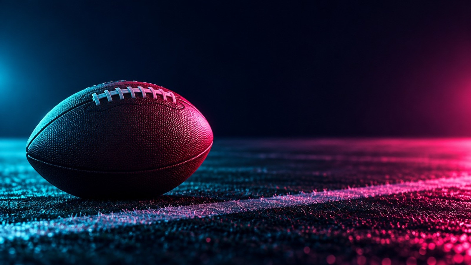 An unbranded football rests on an empty sideline under aqua and pink light.
