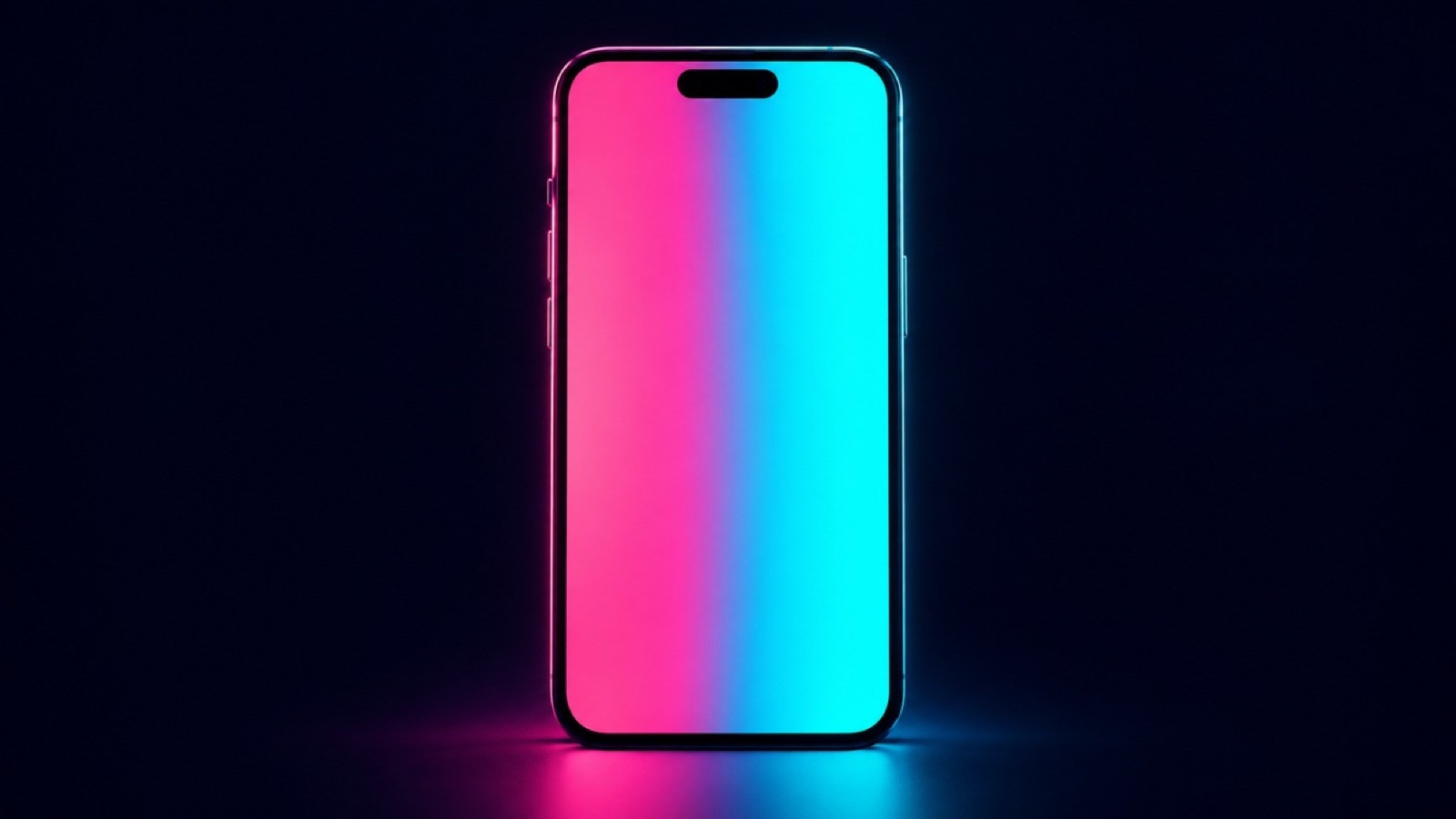 A blank smartphone glows pink and cyan against dark navy.