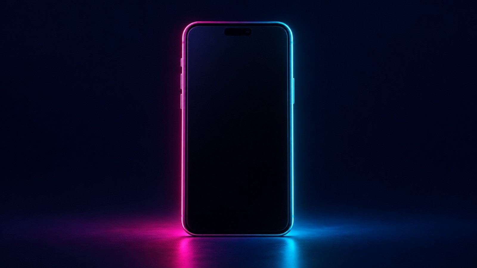 A generic blank smartphone stands upright with pink and cyan edge light.