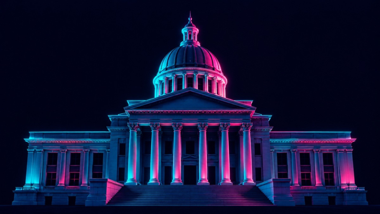 A courthouse facade is lit in cyan and pink against a dark sky.