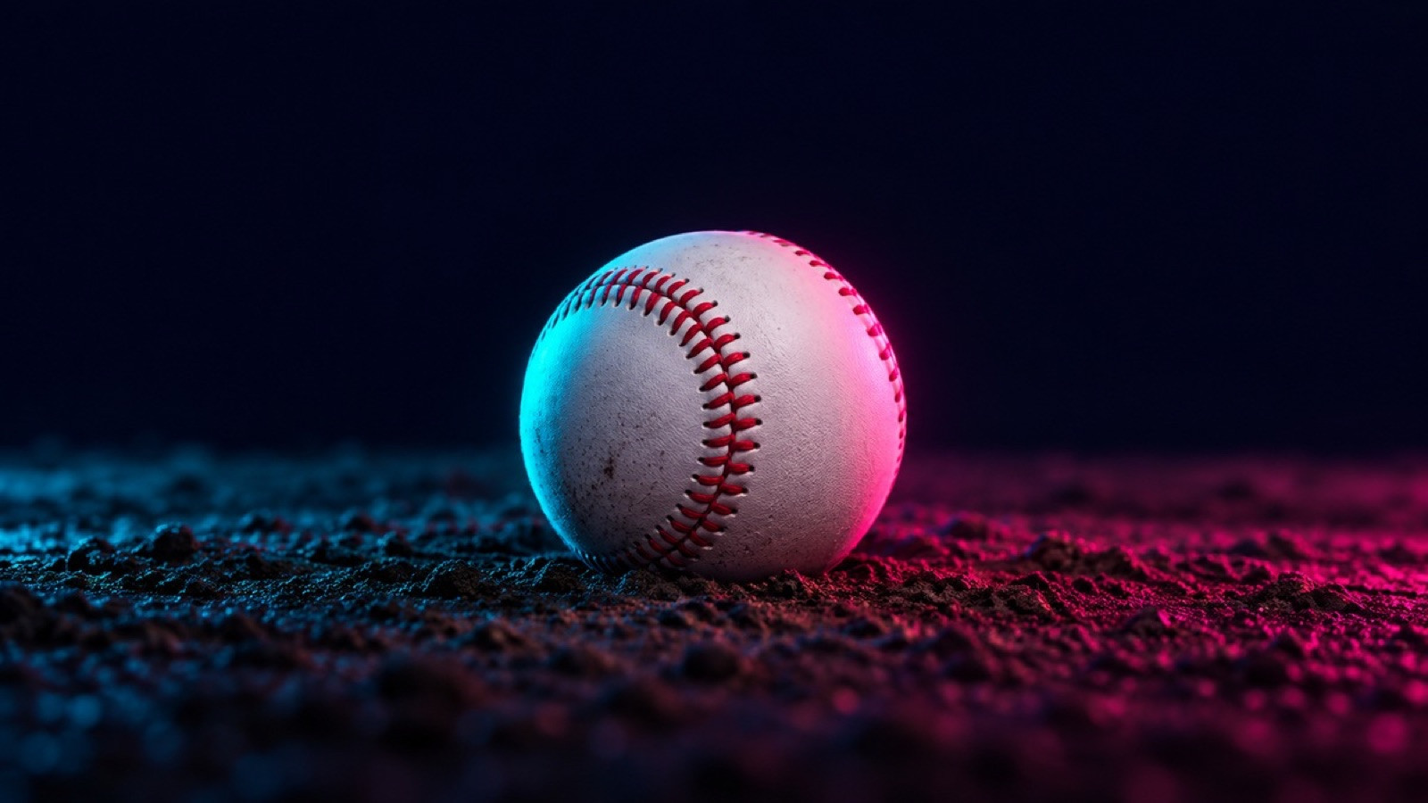 A plain white baseball with red stitching rests on dark infield dirt.