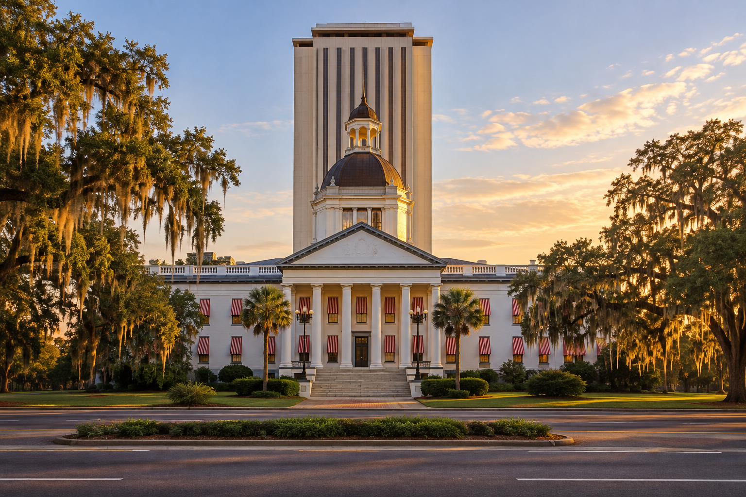 A white historic capitol with a copper dome and striped awnings at golden hour, with the tall modern capitol tower behind it.